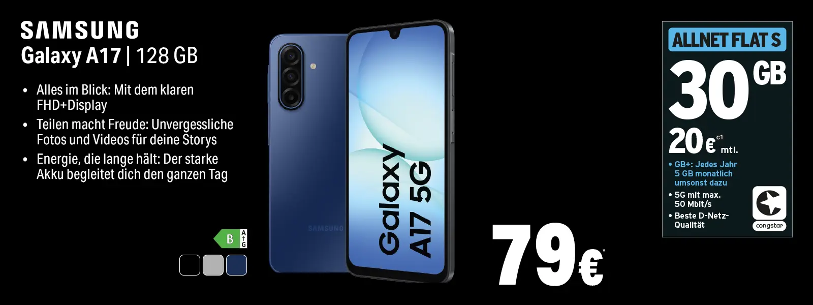 Samsung Galaxy A17 5G 128 GB Smartphone-Angebot mit Tarif, 30 GB Datenvolumen