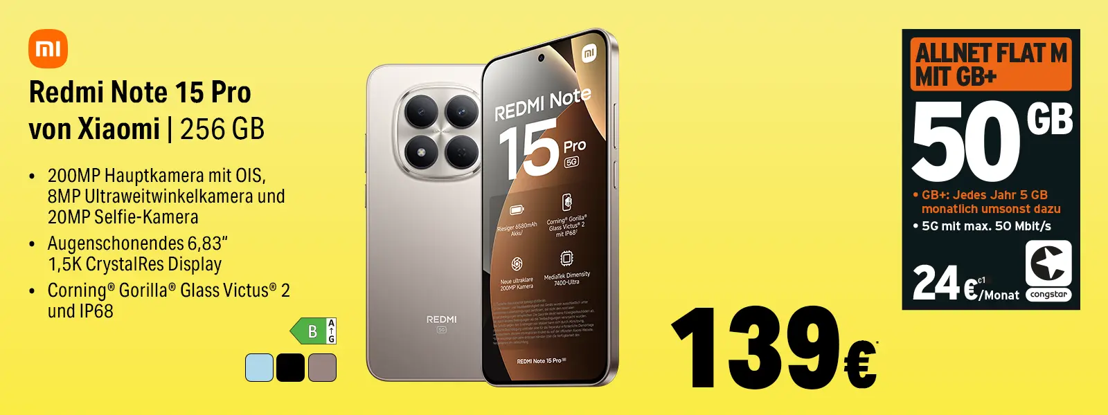 Xiaomi Redmi Note 15 Pro 256 GB Smartphone mit 50 GB Allnet-Flat Angebot