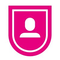 Pinkes Icon eines stilisierten Schilds mit Nutzerprofil-Symbol für Datenschutz und Sicherheit.