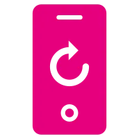 Piktogramm eines pinken Smartphones mit einem Synchronisieren-Symbol auf dem Display.