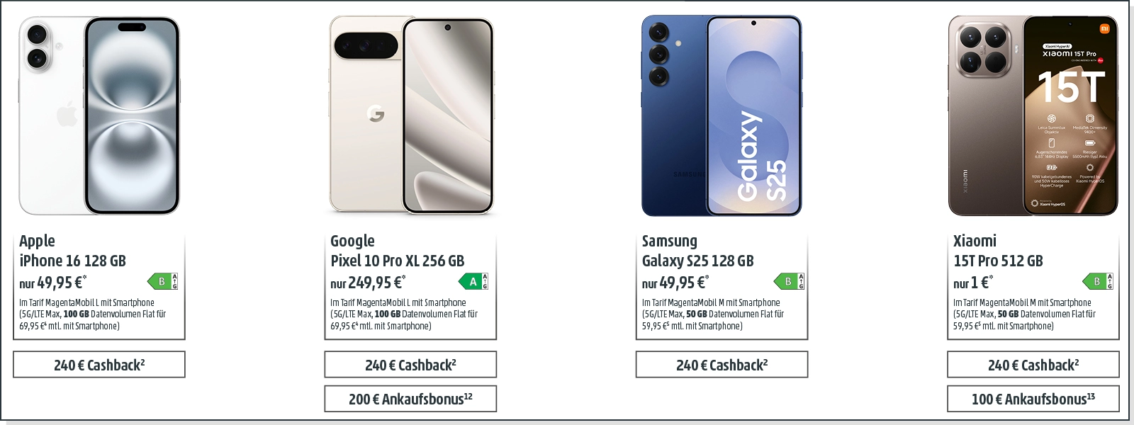 Vier aktuelle Smartphones von Apple, Google, Samsung und Xiaomi mit Tarif-Angeboten abgebildet.